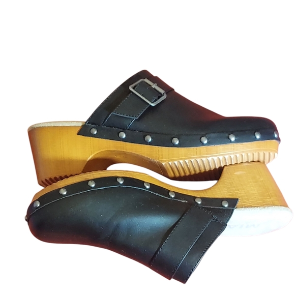 MIA Black Vegan Leather Silver Studded Clogs with Wooden Heel - Picture 9 of 14